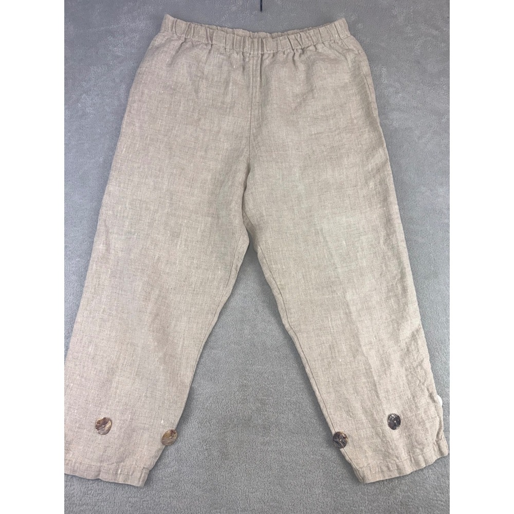 Whats Up Womens Small Beige 100% Linen Cropped Pants Elastic Waist Buttons 32X24